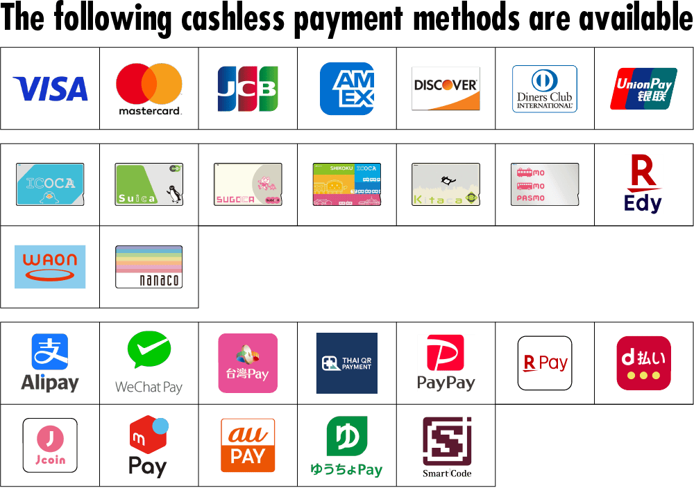 The following cashless payment methods are available